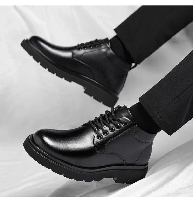 Mens Black Leather Lace Up Mid Top Boots Winter Warm Formal Business Office Wedding Shoes Black Work Boots Fashionable Dad Shoes