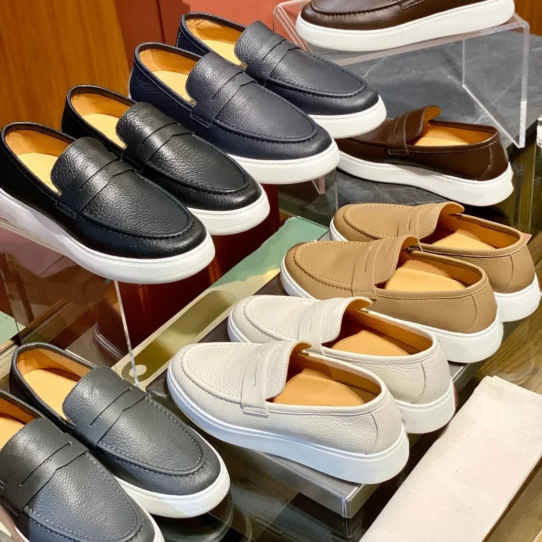 2026 New Men Genuine Grain Leather Penny Loafers Slip On Platform Non Slip Soft Sole Business Casual Driving Daily Walking Shoes