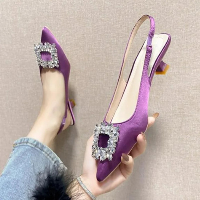 Summer Women Sandals New Women's Shoes Pointed Toe Shallow Nude Pink Diamond Shoes Low Heel Back Strappy Shoes Women dress shoes