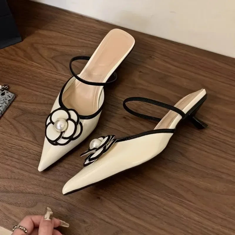 2025 Flower Pointed Toe High Heels Women Luxury Designer Sandals Female Summer Elegant Fashion Pumps Flower Mule Slippers Women