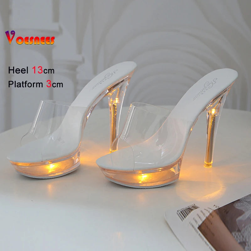 Summer Led Illuminated Women Slippers Super High Heel 13cm Crystal Ankle Buckle Sandals Transparent Platform Female Party Shoes