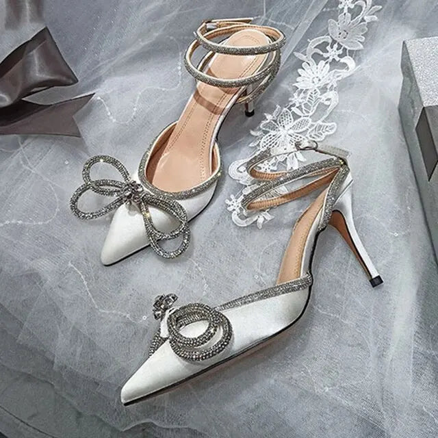 2025 New Fashion Glitter Rhinestones Women Pumps Crystal Bowknot Silk Pointed Toe Buckle Strap Thin High Heels Party Prom Shoes
