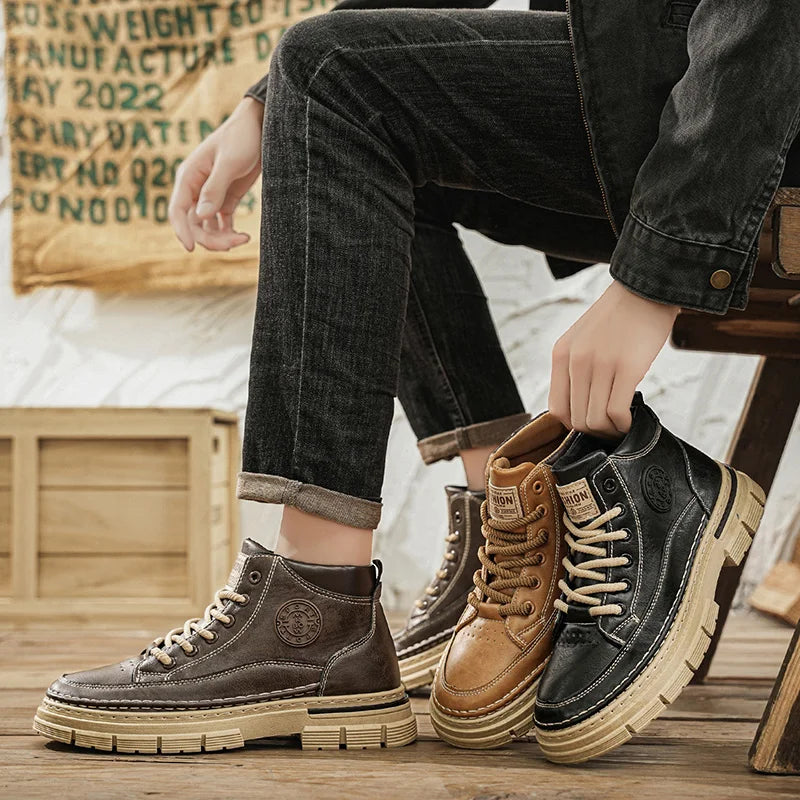 Men's High Top Leather Shoes Work Yellow Boots Thick Bottom Casual Boots Fashion Outdoor Hiking Shoes Mens Boots