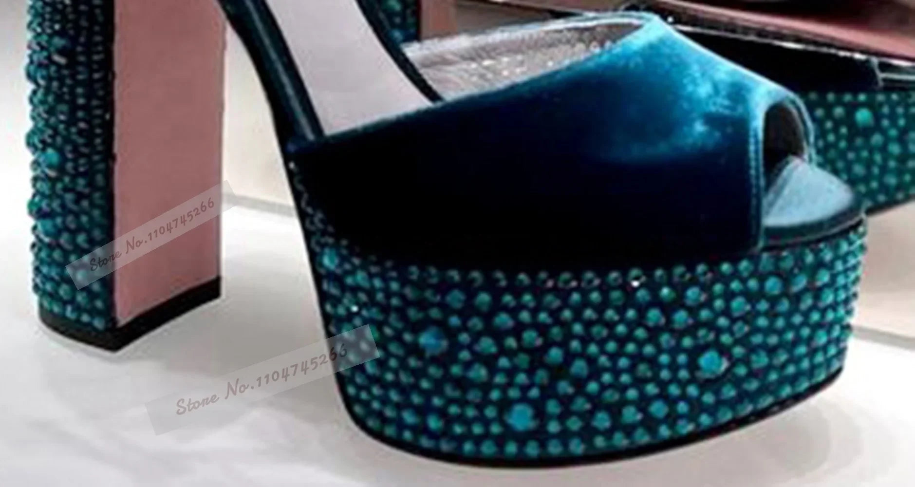 Champagne Crystal Chunky Heel Sandals Bling Rhinestone Platform Wedding Shoes Velvet Open Toe Buckle Strap Block Heels
