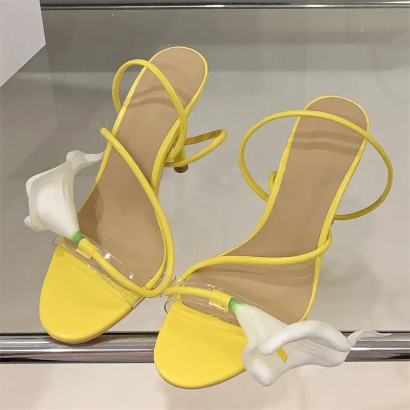 Eilyken Sexy PVC Transparent Flower Narrow Band Women Sandals Street Style Open Toe Thin High Heels Party Prom Shoes
