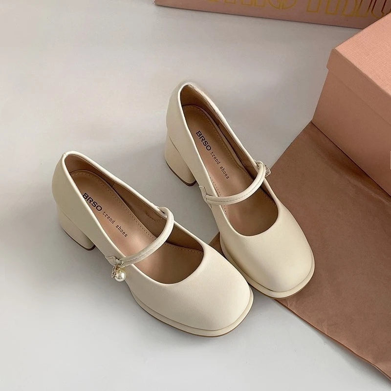 Thick Heel Women Mary Jane Shoes Fashion Shallow Square Toe Slip On Shoes Ladies Outdoor Party Dress Pumps