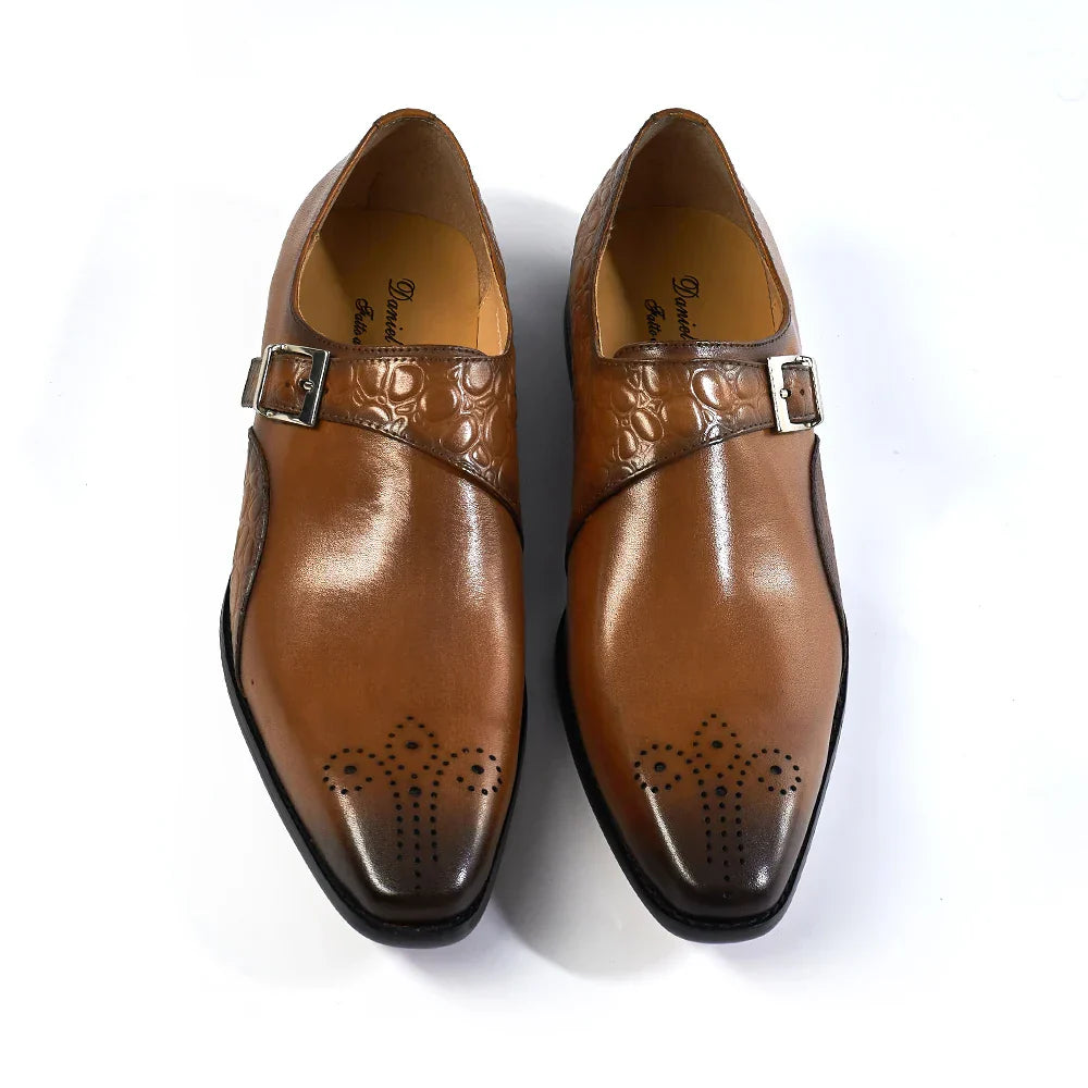 Luxury Men's Genuine Leather Monk Strap Shoes Cowhide Business Office Formal Dress Shoes with Buckle Italian Style for Weddings