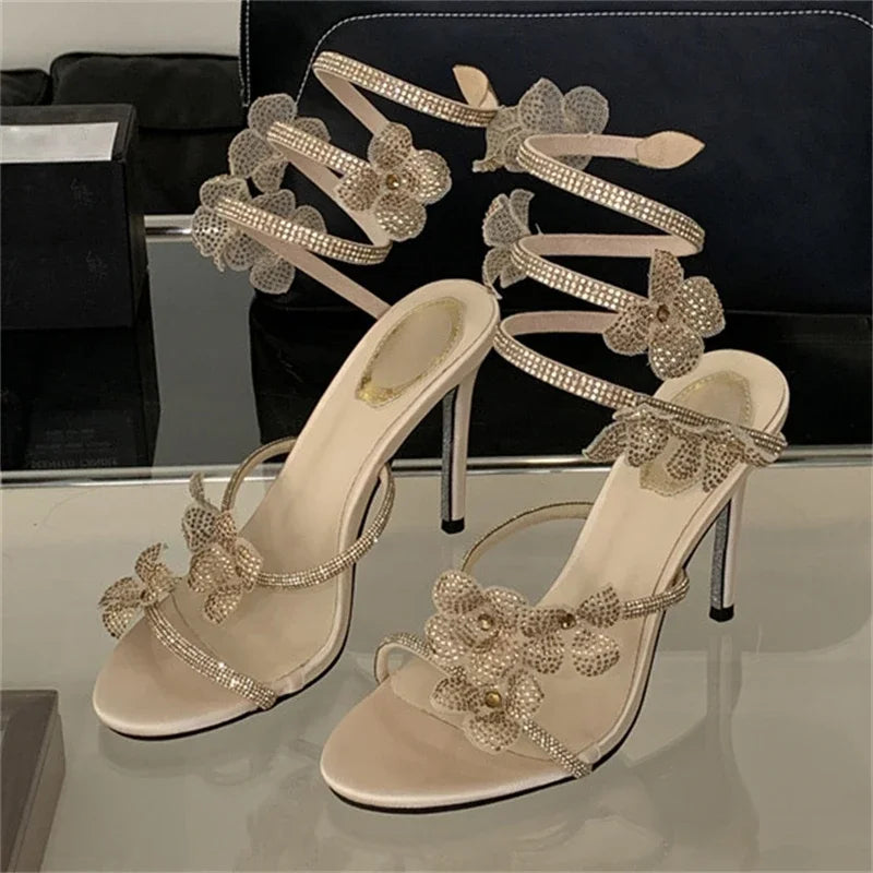 Aneikeh Street Style CRYSTAL Narrow Band Thin High Heels Women Sandals 2026 Summer Open Toe Ankle Strap Female Shoes