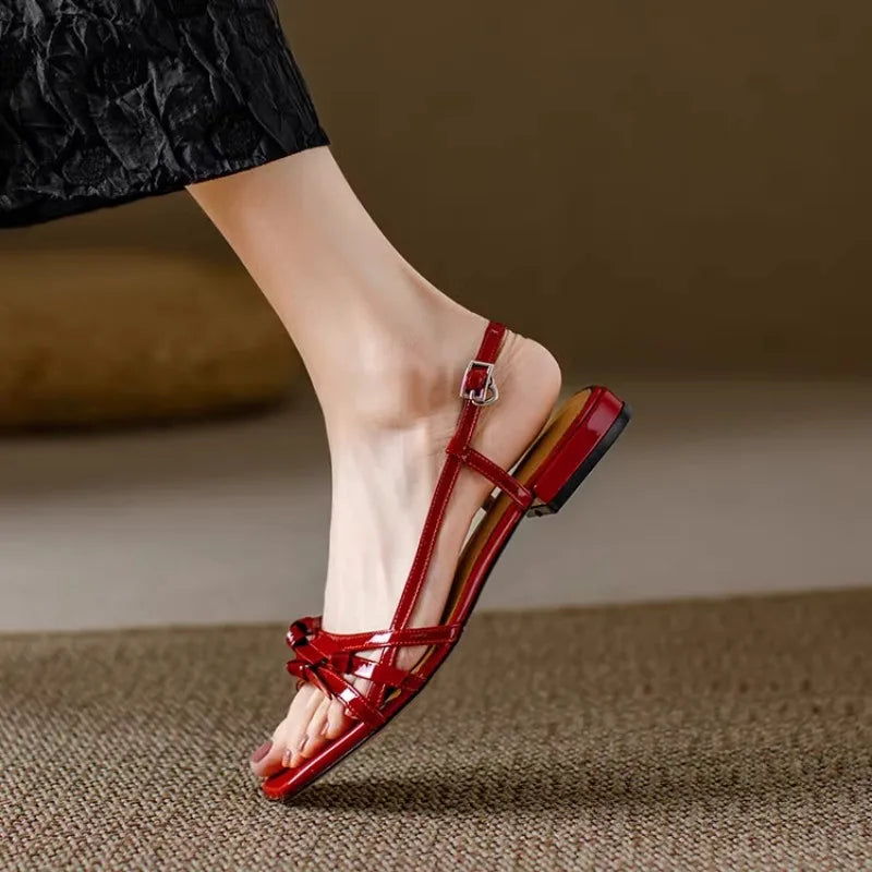 2025 New Stunning Designer Square Toe Single Side Butterfly Red Sandals Summer New Low Heeled Women's Sandals