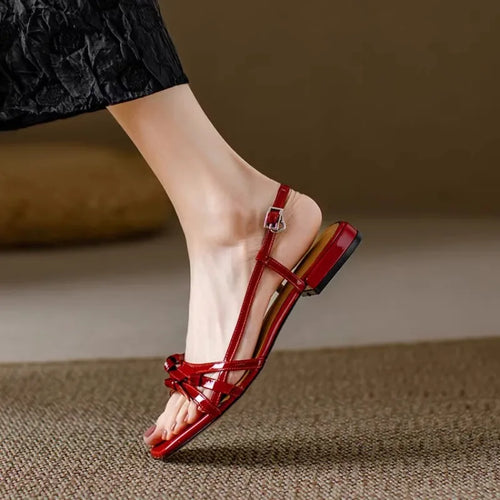 2025 New Stunning Designer Square Toe Single Side Butterfly Red Sandals Summer New Low Heeled Women's Sandals