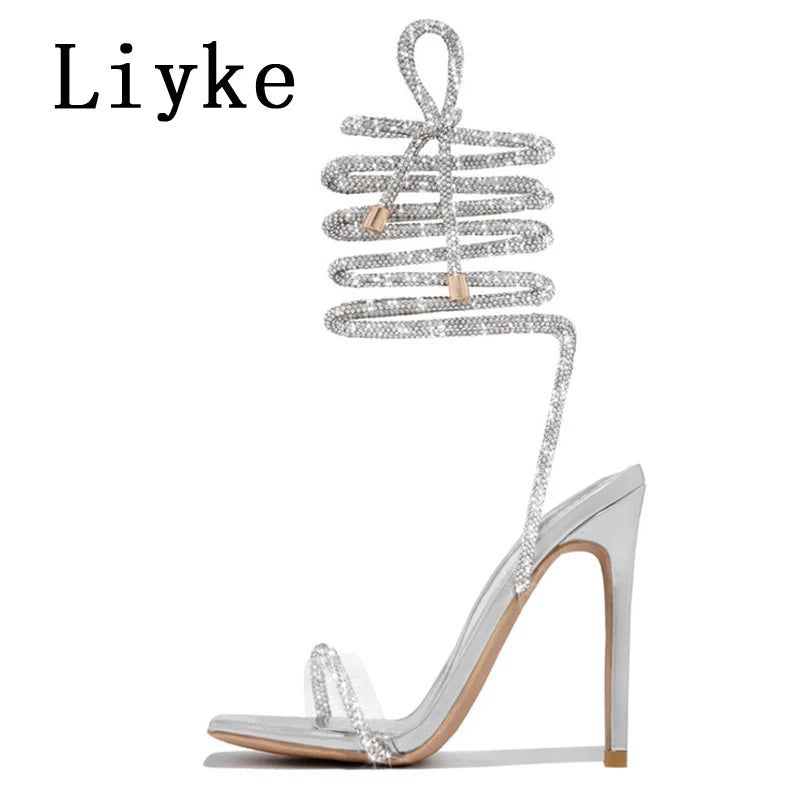Liyke Fashion Glitter Rhinestones Women Sandals Crystal Ankle Strap High Heels Party Prom Shoes Lady Wedding Stiletto Sandalias