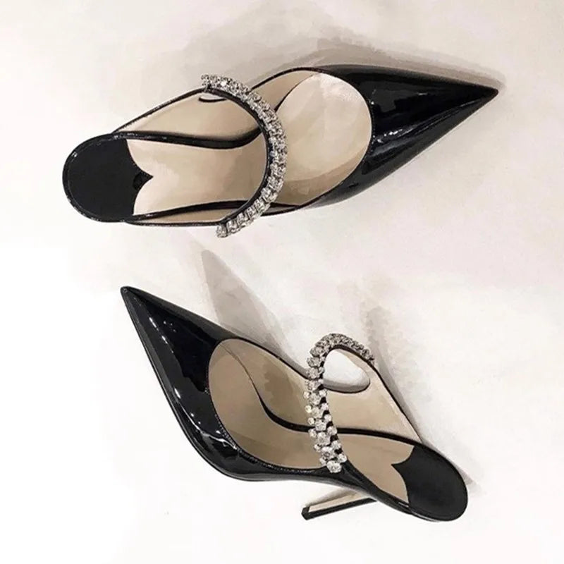 2026 New Fashionable Fine Heeled Muller Shoes with Pointed Water Diamond Chain Banquet Shallow Mouth Women's High Heel Sandals