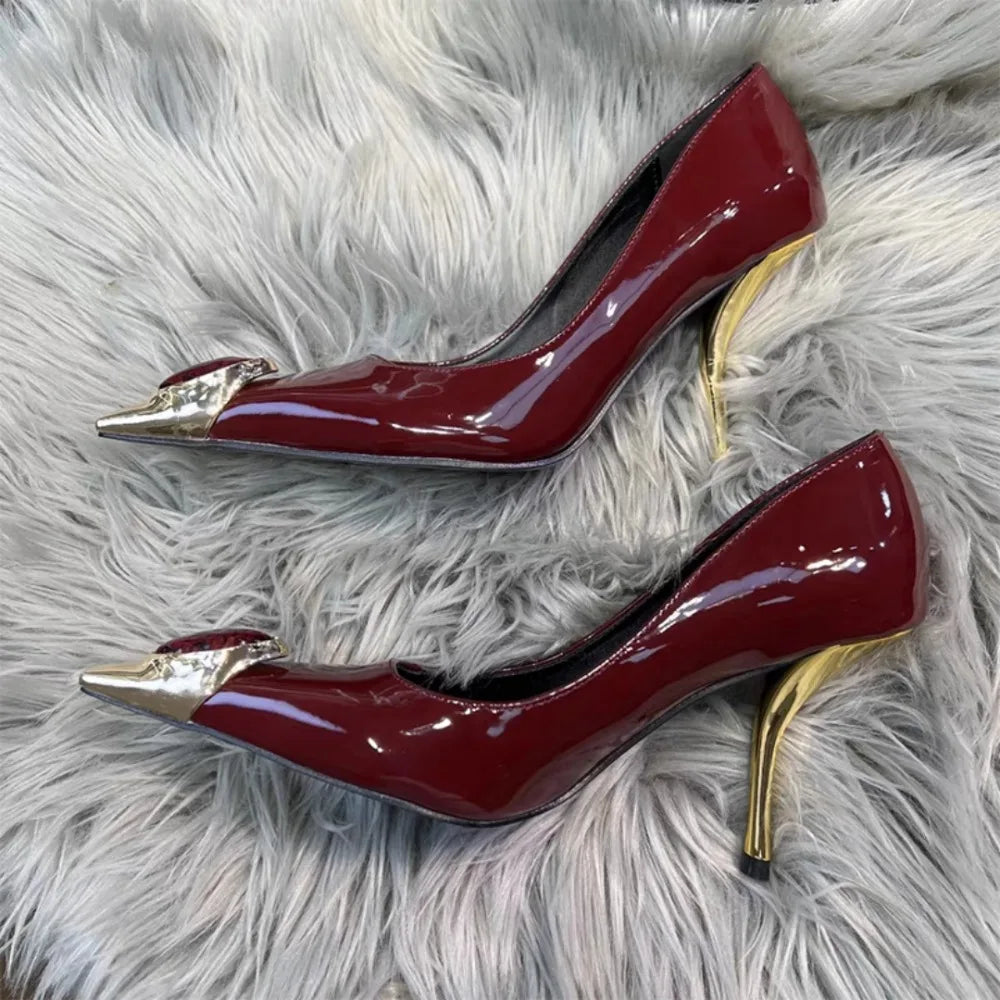 Designer Sexy Ladies' Elegant Retro Pointed-toe Shallow Mouth Gemstone High-heeled Metal Patent Leather One-strap Heel Sandals