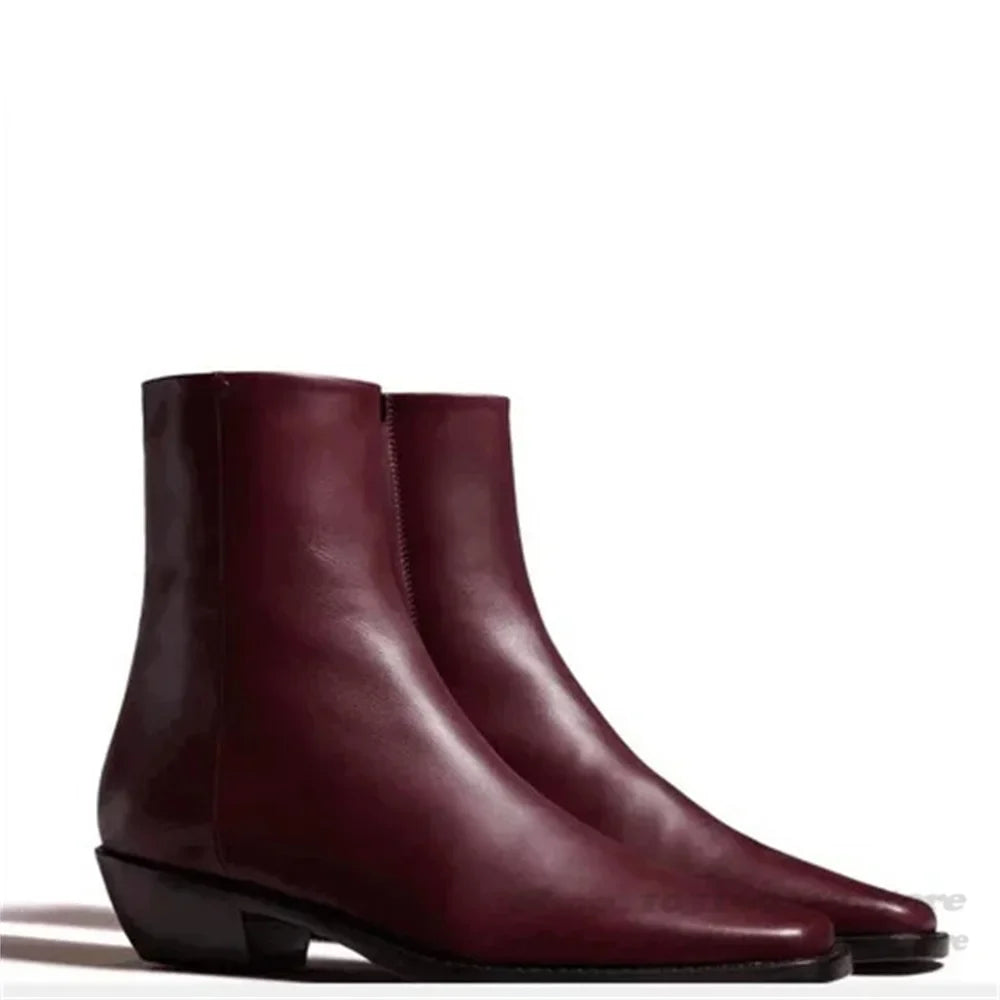 Wine Red Genuine Leather Mens Ankle Boot Pointed Toe Side Zipper Low Heel Handmade Solid Color Chelsea Boots Male Shoes