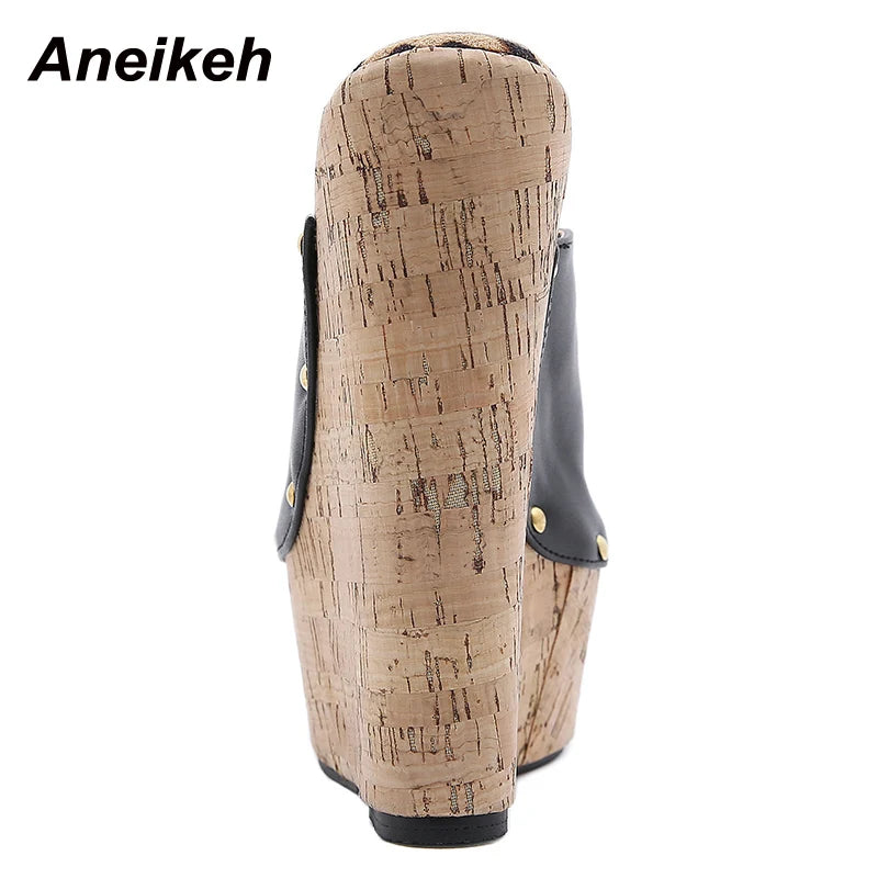 Aneikeh 2025 Summer Fashion Open Toe Sandals Platform Super High Heels Slip-on Metal Rivet Sandals Rome Party Women Mules black