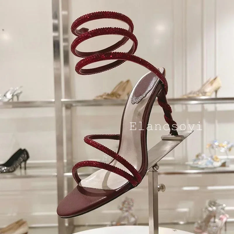 Thin Heels Gladiator Sandals Women's Shiny Rhinestone Ankle Snake Shaped Winding Party Shoes Summer Fashion High Heels Sandalias