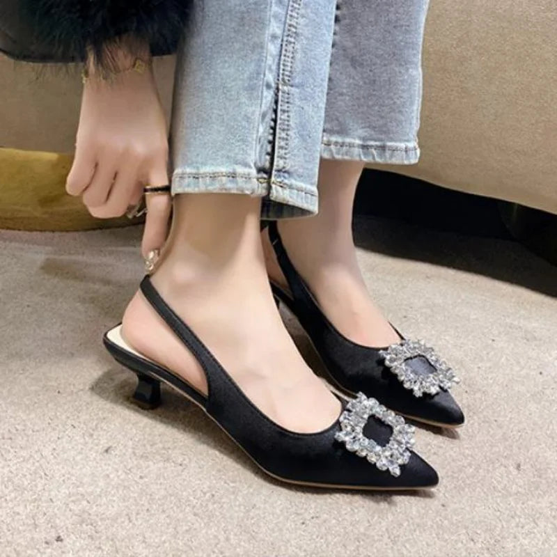Summer Women Sandals New Women's Shoes Pointed Toe Shallow Nude Pink Diamond Shoes Low Heel Back Strappy Shoes Women dress shoes