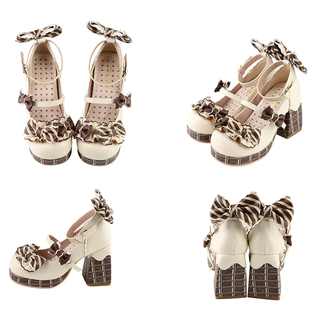 Lovely Girls Lolita High Heels Platform Shoes ,Young Women Students Sweet Chocolate Candy Bowknots Ankle Strap Mary Janes