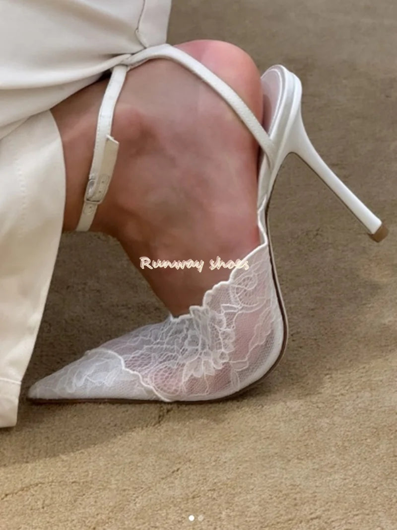 Pointed Color Blocking Lace is Breathable Women's Wedding Shoes Mesh One-strip Stilettos Luxury Women's Shoes Shallow Banquet Sh