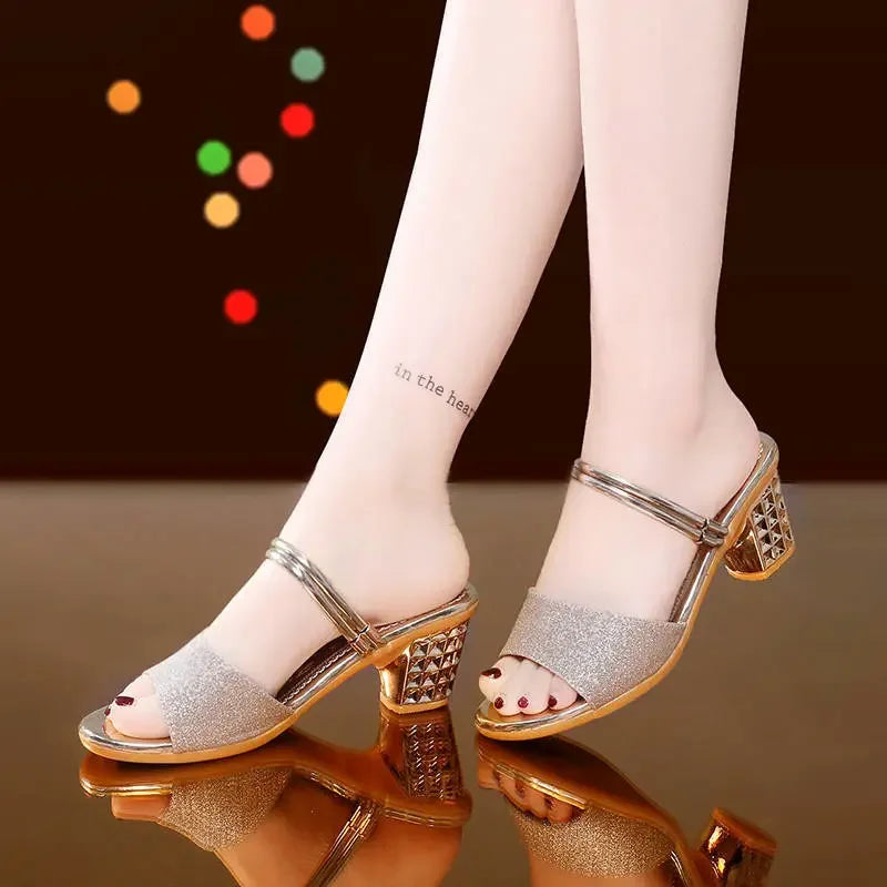 zapatos de mujer women cute sweet sexy silver square heel sandal shoes lady spring & summer golden comfort heel shoes fa615