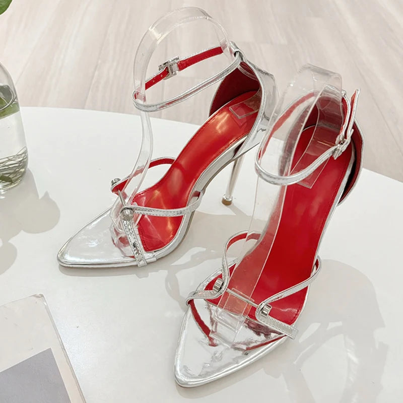 Liyke Sexy Gold Silver Ankle Cover Strap Sandals Women Shoes Fashion Metal Decoration Pointed Open Toe Party Club Stripper Heels