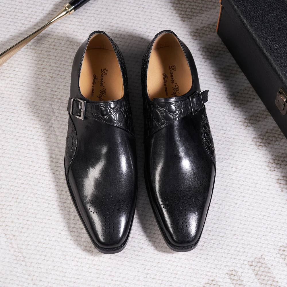 Luxury Men's Genuine Leather Monk Strap Shoes Cowhide Business Office Formal Dress Shoes with Buckle Italian Style for Weddings