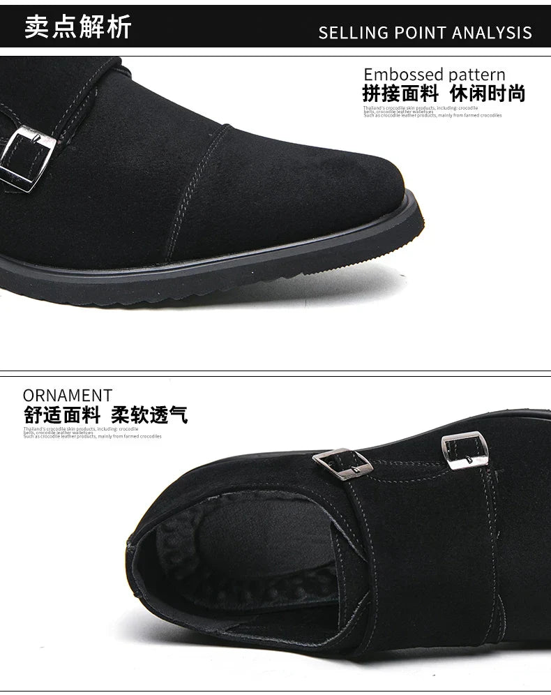 New Brown Loafers Flock Double Buckle Monk Shoes Black Square Toe Slip-On Business Men Dress Shoes Size 38-46 Free Shipping