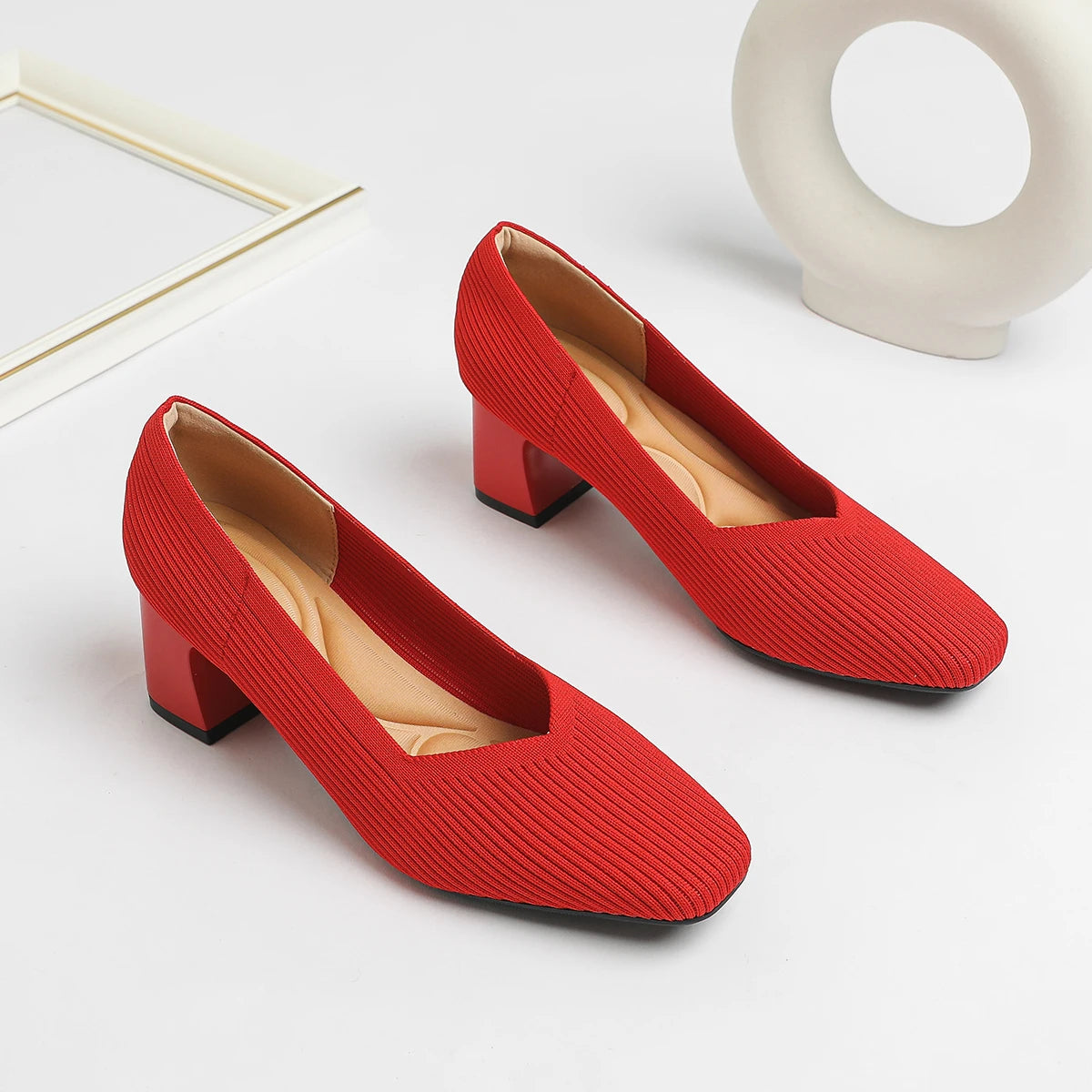 Women's High Heels Comfortable Square Knitted Breathable Comfortable Shoes (5cm High) Autumn 2025 New Collection