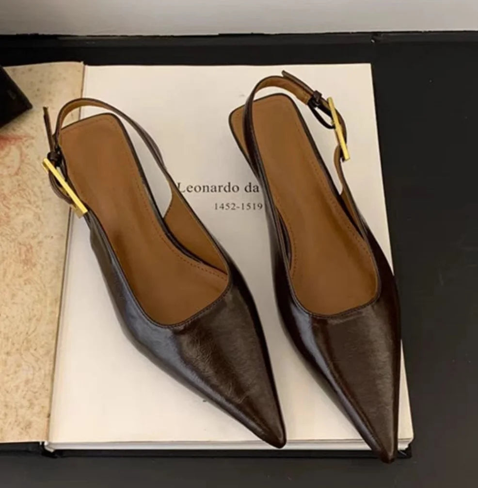 2025 Summer New Women Sandal Fashion Pointed Toe Shallow Slip on Ladies Elegant Slingback Shoes Thin Med Heel Dress Mules Pumps