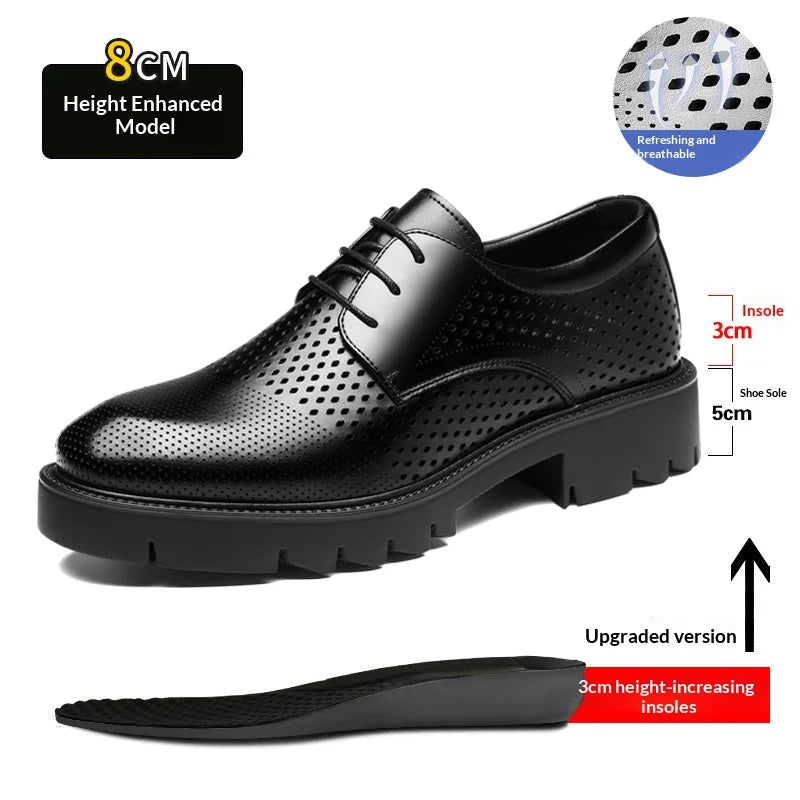 Summer Hollow Out Breathable Men Height Increasing Oxford Shoes 8/10CM Formal Business Dress Wedding Party Elevated Leather Shoe