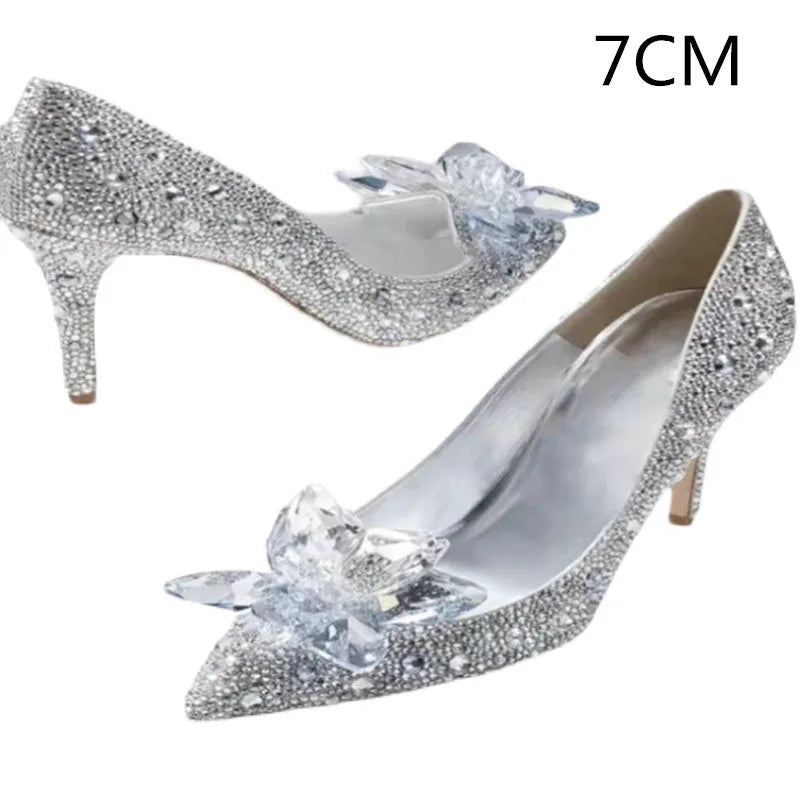 2026 Cinderella Crystal Wedding Shoes High Heels Autumn New Silver Full Diamond Bridal Shoes Rhinestone French Single Shoes