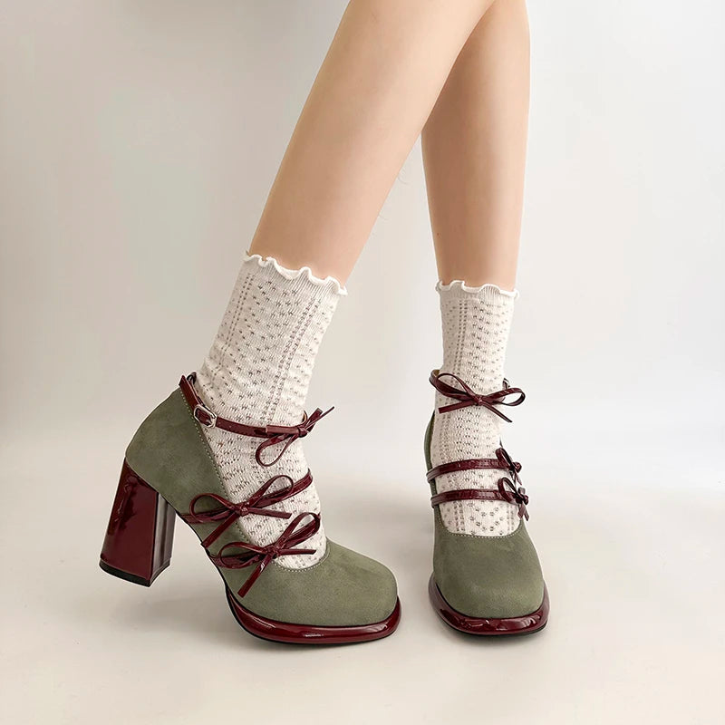 Designer New Spring Thick Heel Women Mary Jane Shoes Butterfly-knot Buckle Strap Shoes Ladies Elegant Party Dress Pumps