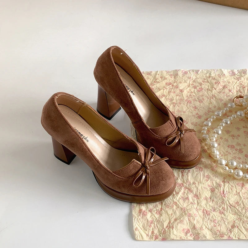 Butterfly-knot Women Mary Jane Shoes Fashion Shallow Slip On Pumps Concise Dress Thick Heel Ladies Footwear