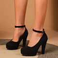 Large Size 42 Sexy Super High Heels Shoes for Women Ankle Buckle Chunky Platform Pumps Woman Black Flock Square Heel Party Shoes