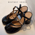 Ankle Strap Fashion Patent Leather Split Toe Women Spring Summer Round High heels Slingbacks Female Tabi Chunky Casual Shoes