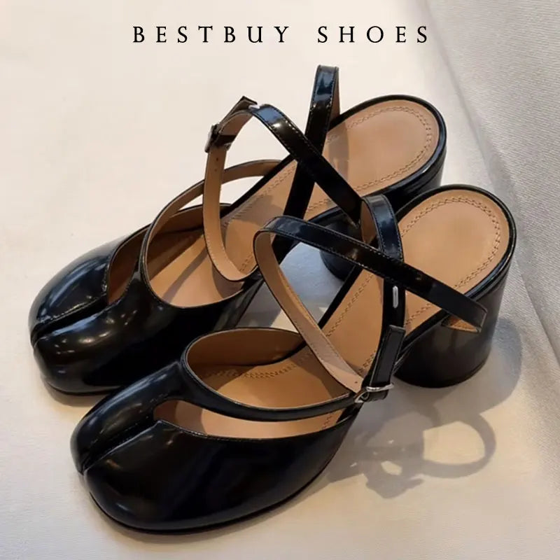 Ankle Strap Fashion Patent Leather Split Toe Women Spring Summer Round High heels Slingbacks Female Tabi Chunky Casual Shoes