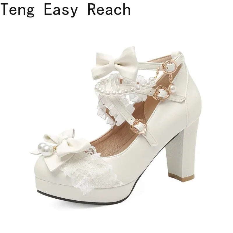 Cross Strap Women High Heels Mary Jane Pumps Party Wedding Cosplay White Pink Black Strawberry Bow Princess 2025 Lolita Shoes