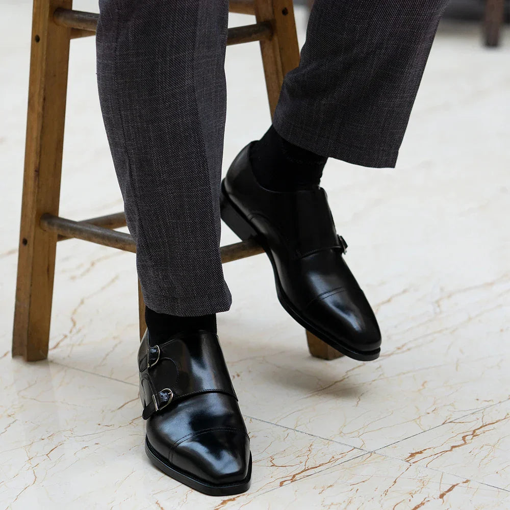 Luxury Genuine Leather Double Buckle Monk Strap Formal Shoes for Men Classic Cap Toe Business Office Wedding Dress Shoes