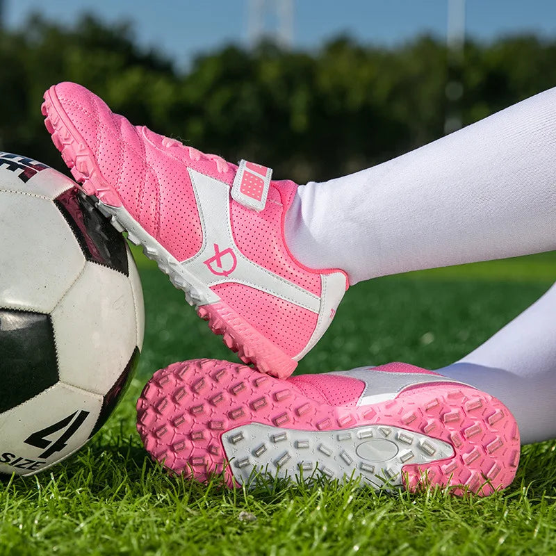 Professional Indoor Turf Soccer Shoes Kid New Design Green Children Football Sneakers Hook-loop Futsal Training Shoes Size 27-38