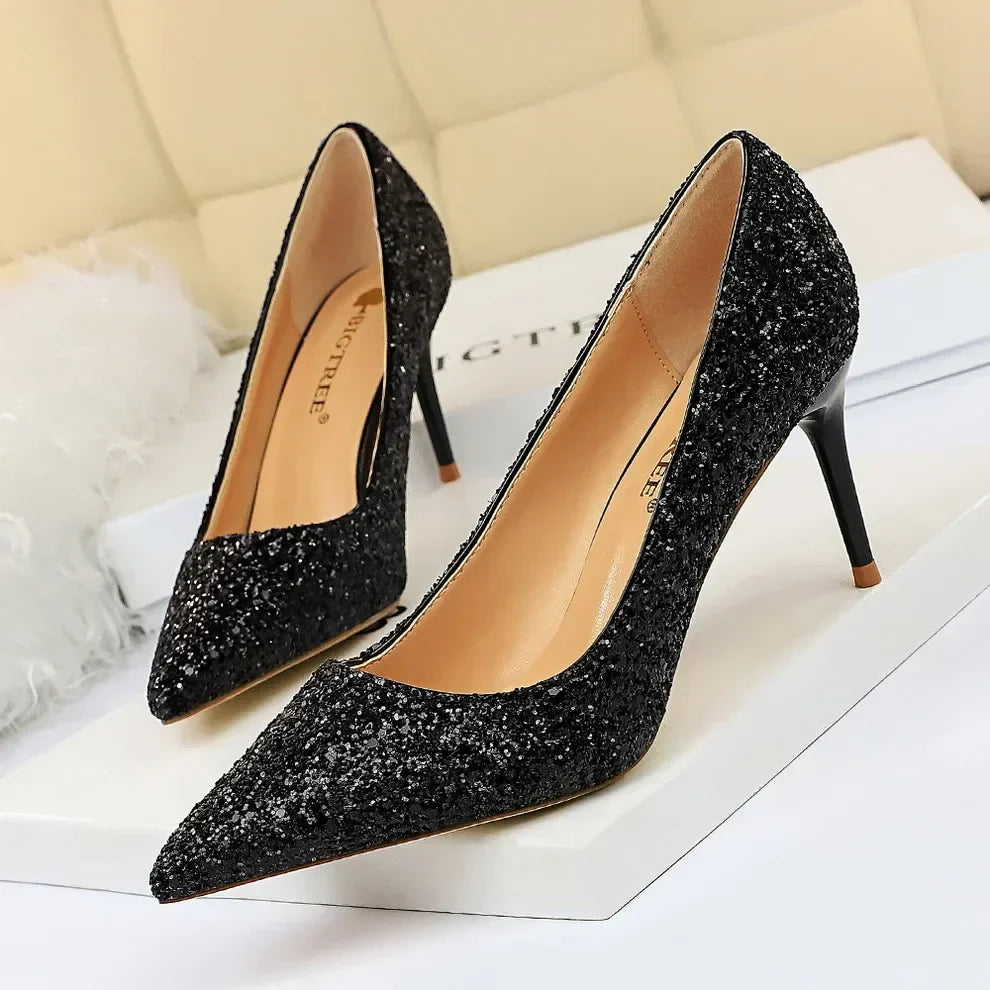 Women Luxury Bling Red  Blue Valentine Party Scarpins Pumps Lady Glitter Sequins 7cm 9.5cm High Heels Designer Shoes Plus Size