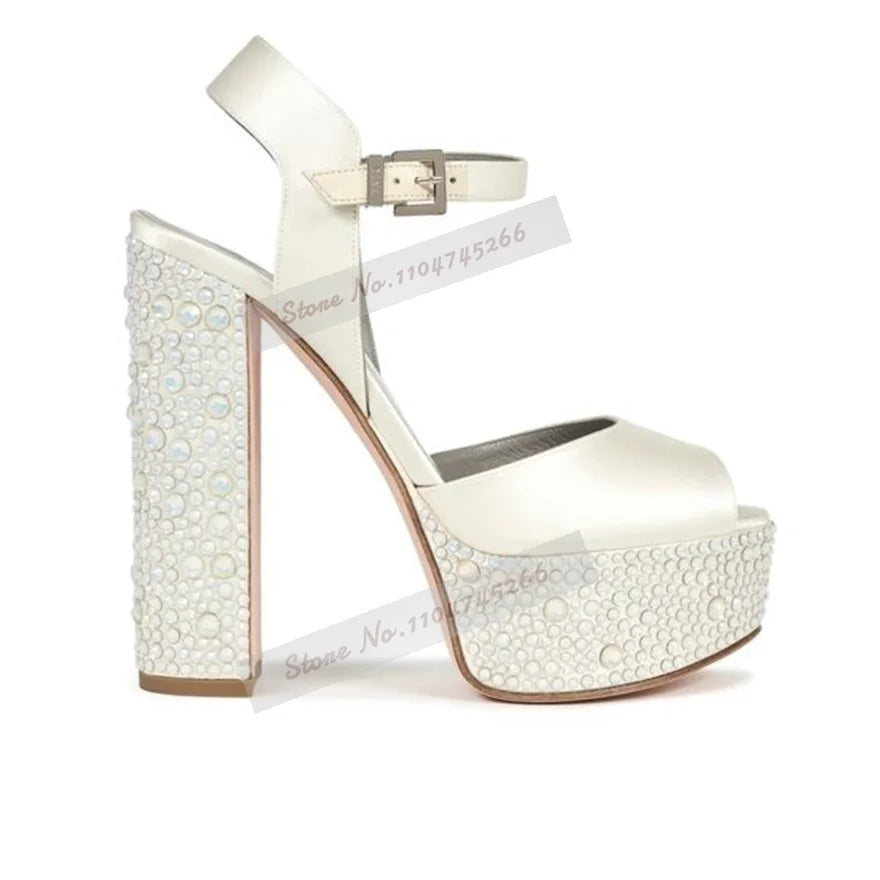 Champagne Crystal Chunky Heel Sandals Bling Rhinestone Platform Wedding Shoes Velvet Open Toe Buckle Strap Block Heels