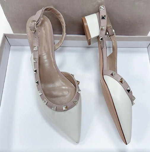 Women Real Leather Shiny Back Buckle Strap Fashionable Sandals European And American Style Trendy Shoes Closed Toe Gold Studs 42