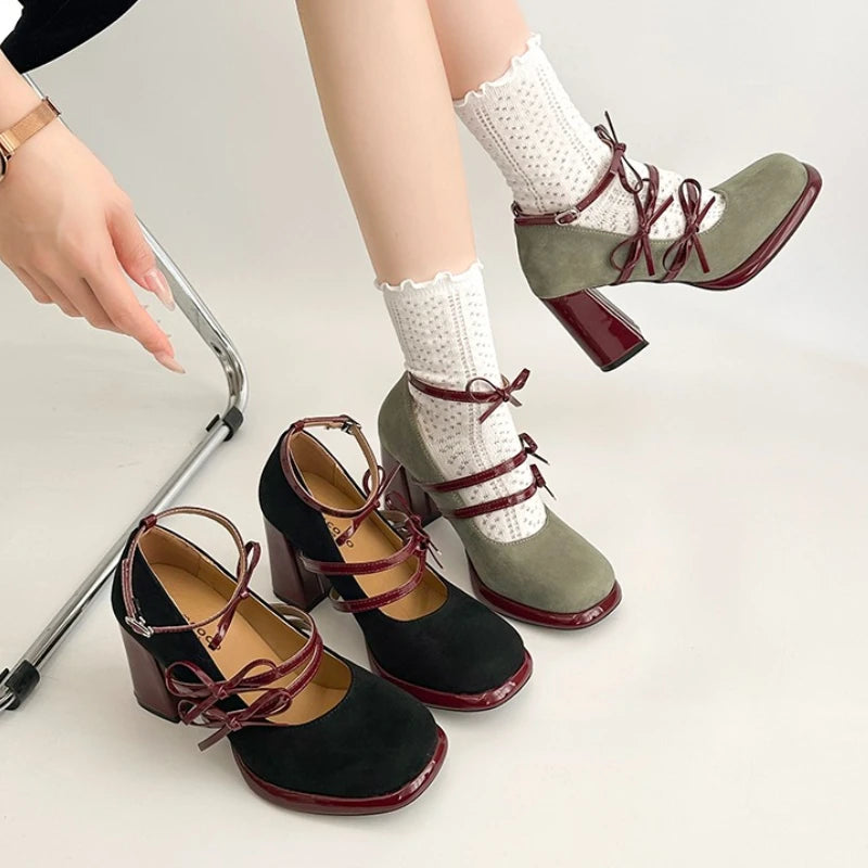 Designer New Spring Thick Heel Women Mary Jane Shoes Butterfly-knot Buckle Strap Shoes Ladies Elegant Party Dress Pumps