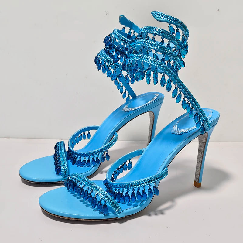 Tassels Rhinestone Decor Thin High Heels Sandalias Women Ankle Snake Shaped Strap Entanglement Sandals Summer Party Dress Shoes
