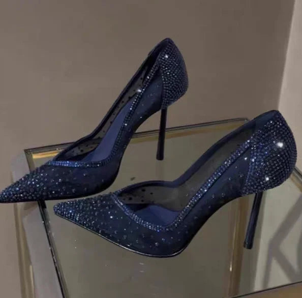 Blue Mesh Diamond Studded Pointed High-Heeled Shoes with Fine Heels Crystal Shoes, New Slim Heels Hollowed Out Lace Single Shoes
