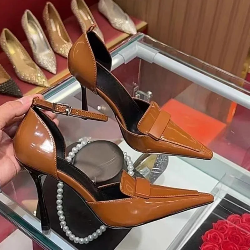 Women's Fashion Pointed Head Shallow Mouth Metal Buckle Non-slip Single Shoes Summer New Patent Leather High Heels
