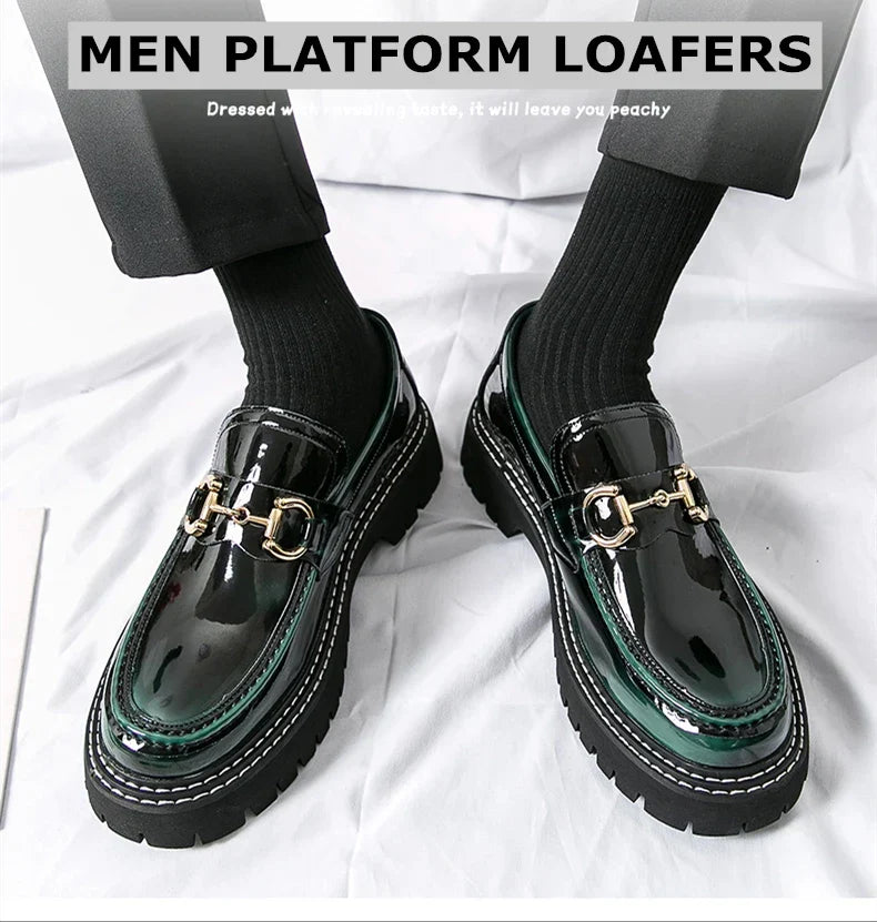 New Men Patent Leather Loafers Fashion Casual Shoes Male Thick Sole Increased Height Slip On Breathable Comfortable Driving Shoe