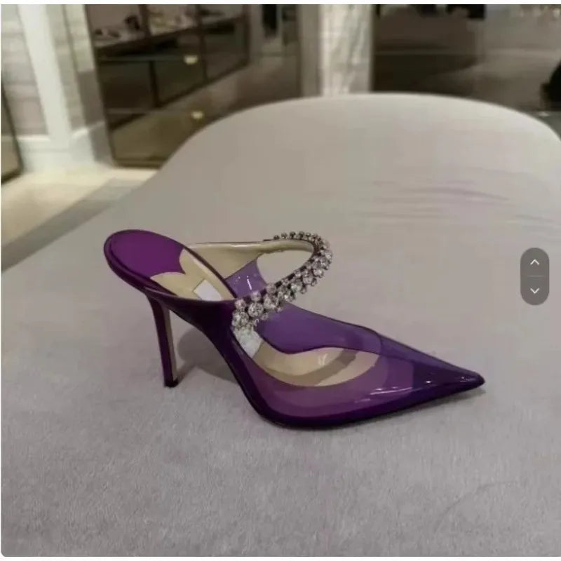 2025 Summer New Pointed High Heels Women's Muller Shoes Transparent Water Diamond Sexy Fashion Thin Heel Women's Sandals