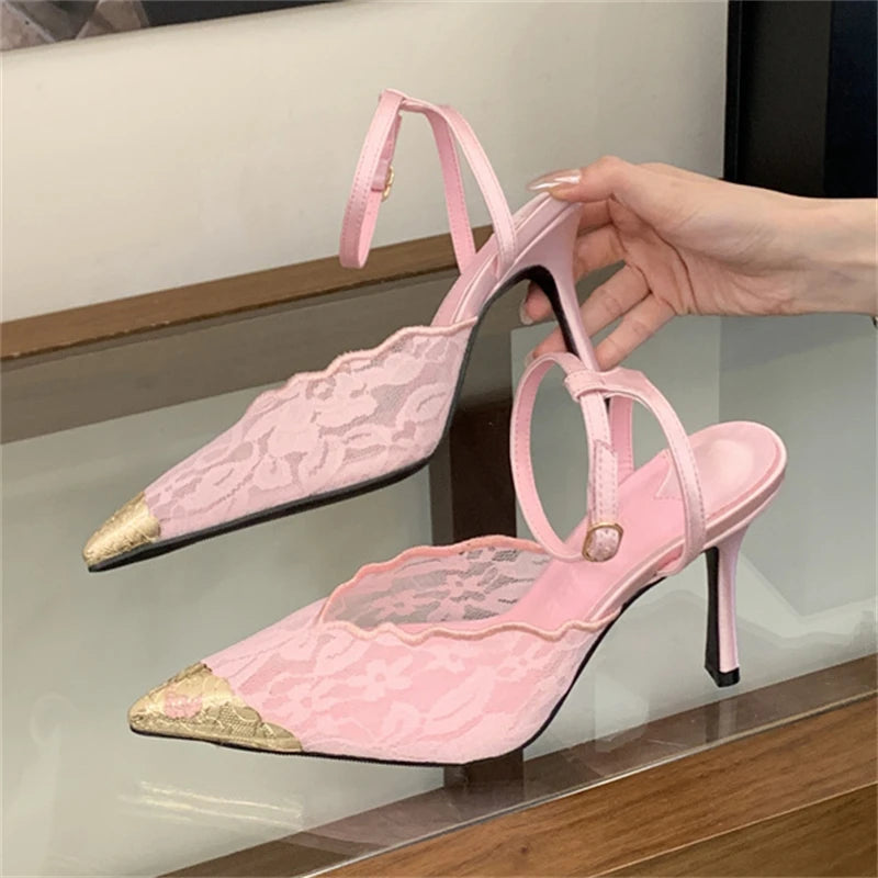Aneikeh Fashion Retro Lace Designer Pointed Toe Thin Heels Slingbacks Pumps Women Wedding Banquet Dress Mules Ladies Shoes