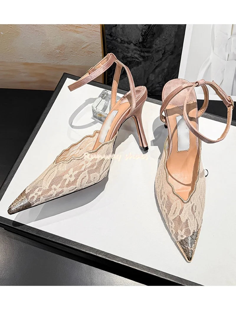 Pointed Color Blocking Lace is Breathable Women's Wedding Shoes Mesh One-strip Stilettos Luxury Women's Shoes Shallow Banquet Sh
